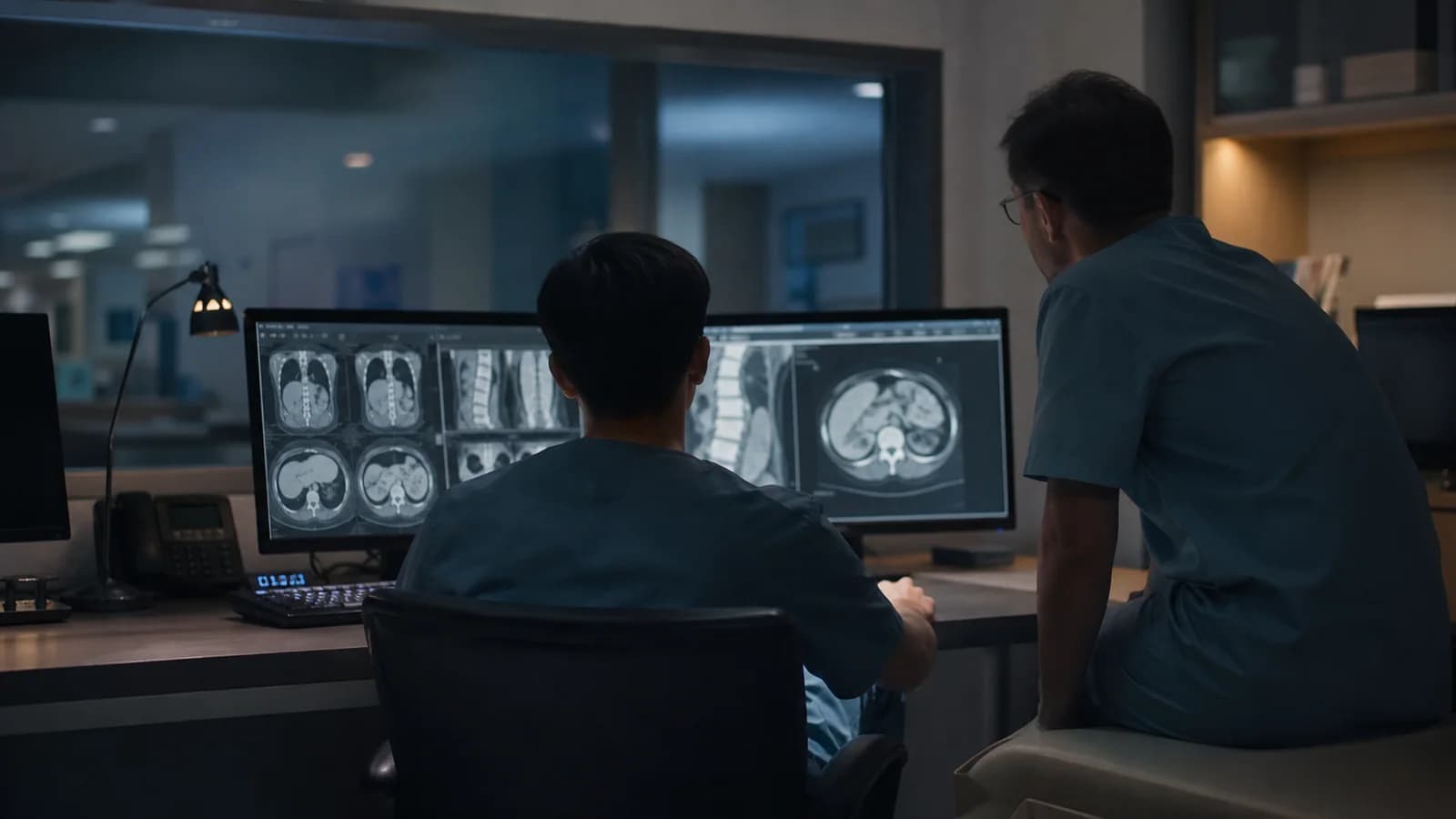 Radiology resident and senior radiologist reviewing images together during a night shift
