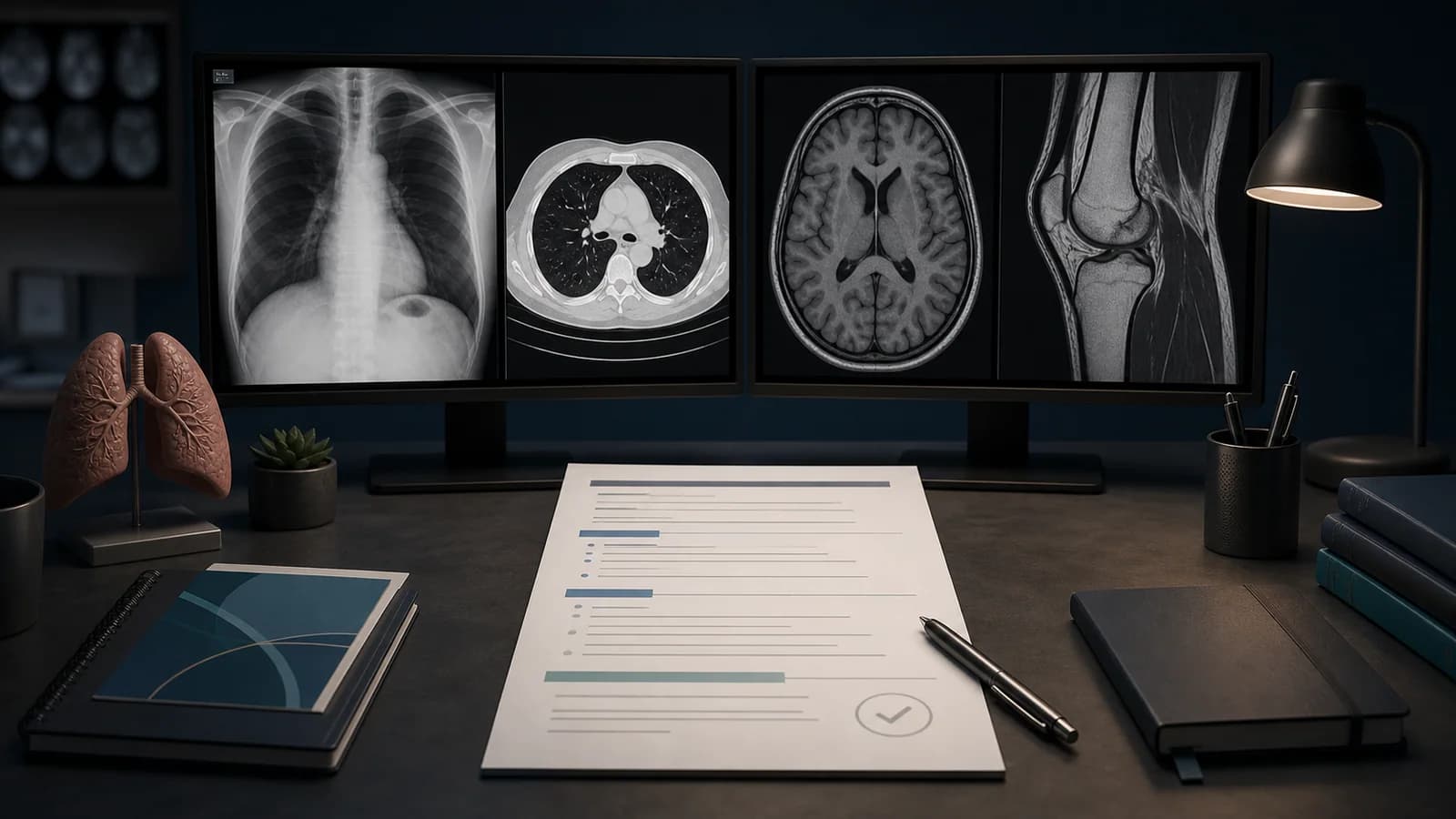 Normal radiology images from several modalities beside a balanced structured report draft