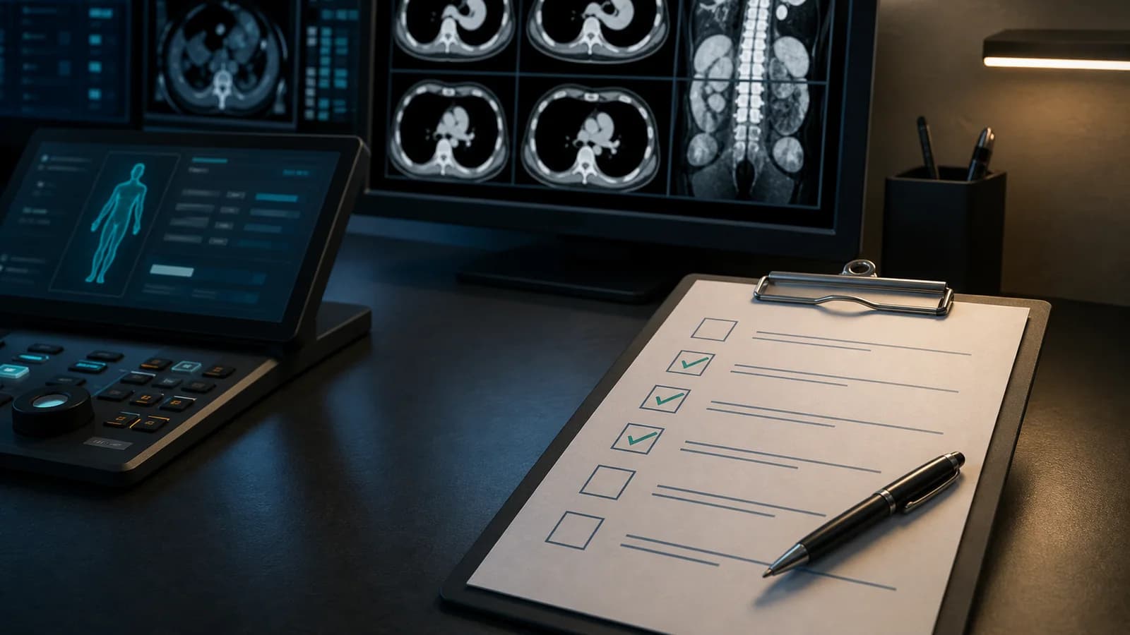 Reporting checklist beside a radiology workstation, representing a systematic review before sign-off