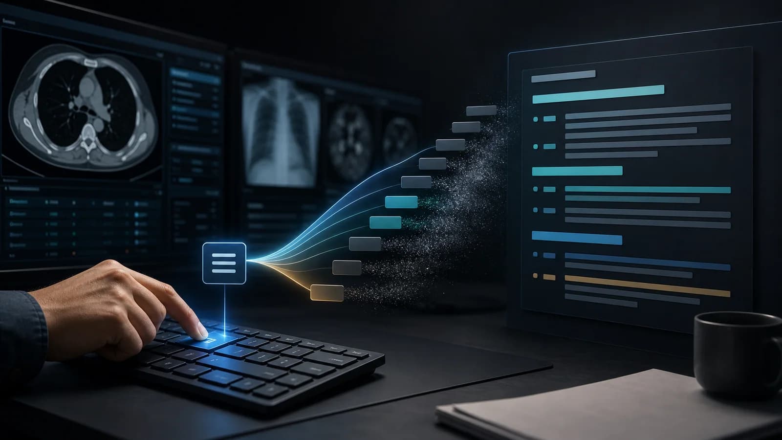 Efficient radiology reporting workflow expanding a keyboard shortcut into organized report lines