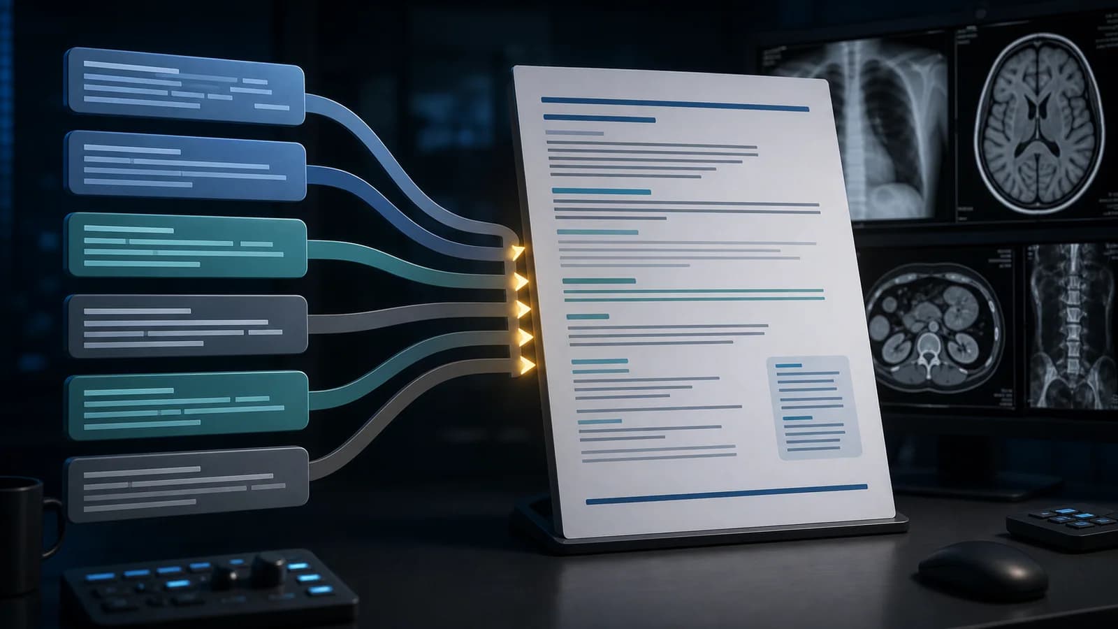 Modular reporting phrases converging into a coherent radiology report at a clinical workstation