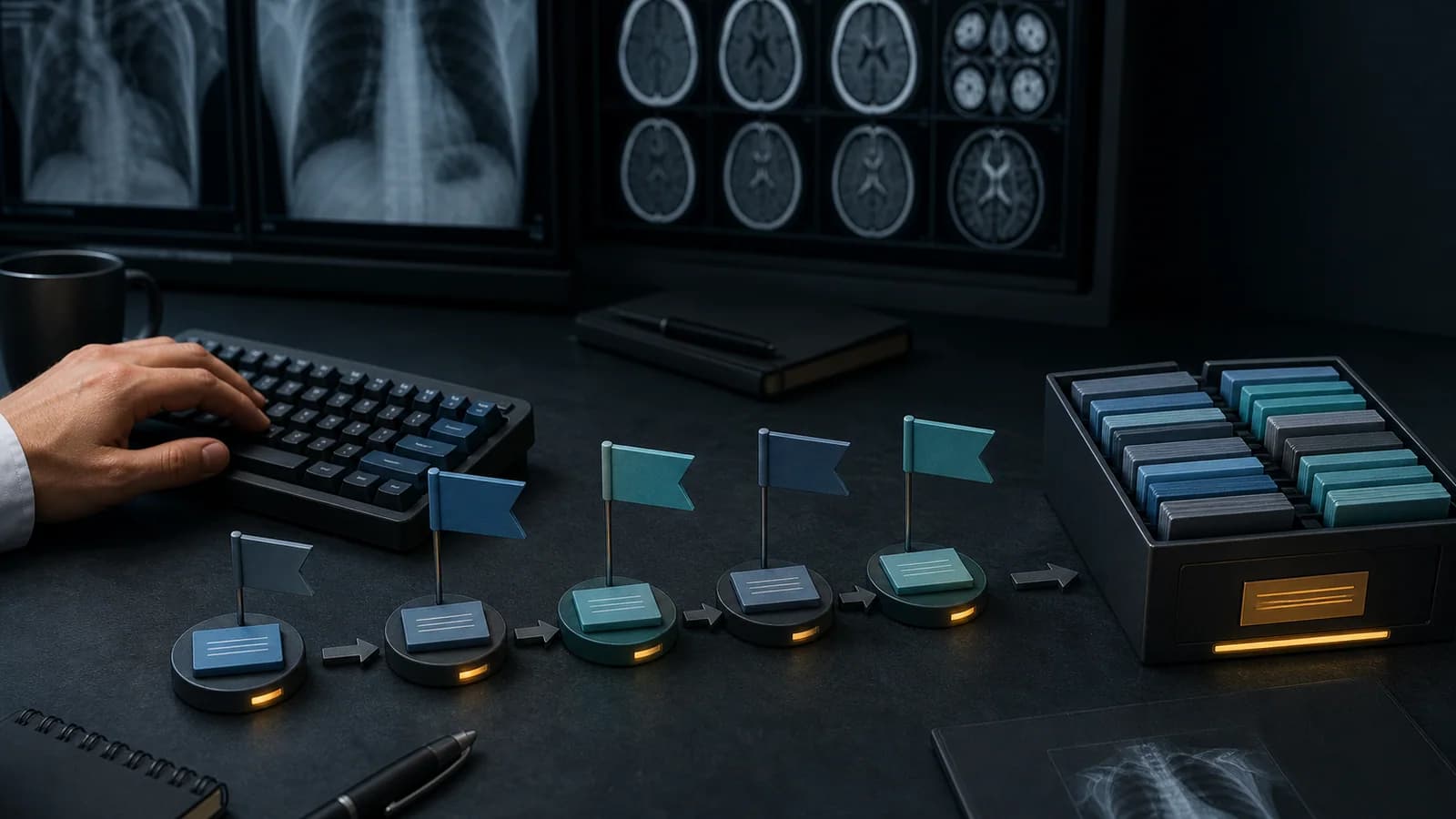 Reading-room workbench representing a personal radiology shortcut library built through regular practice