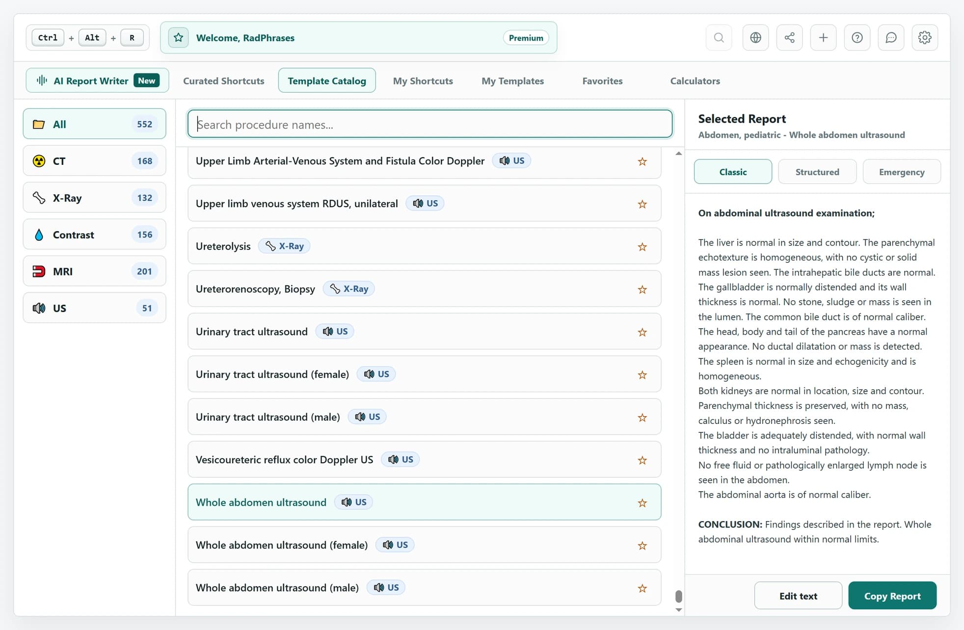 RadPhrases report overlay with modality filters, a searchable template list, report variants, and a selected report preview