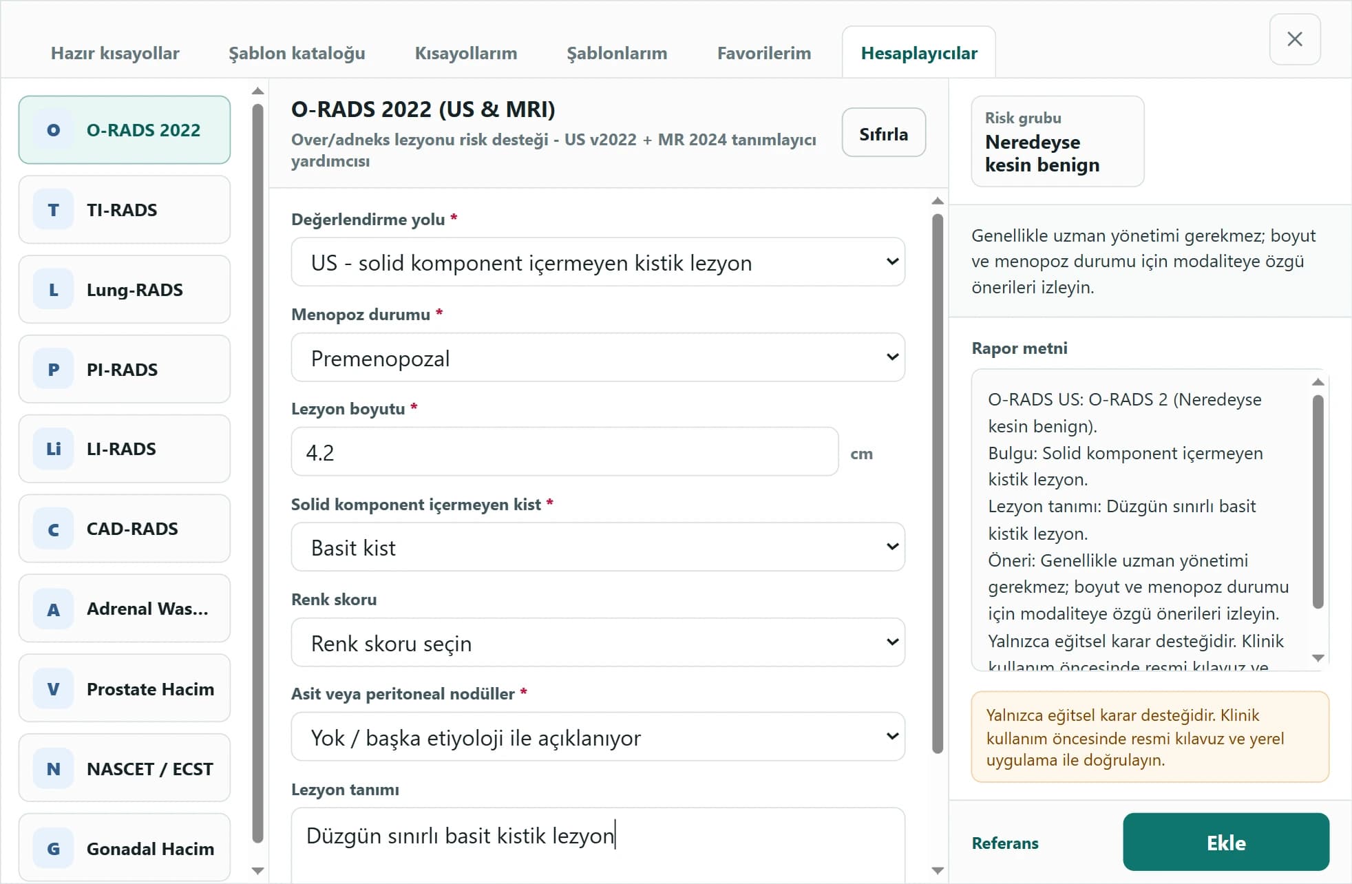RadPhrases O-RADS calculator showing structured inputs, a risk group, guidance, and generated report text