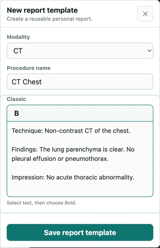 RadPhrases personal report template editor with modality, procedure name, rich report text, and save controls
