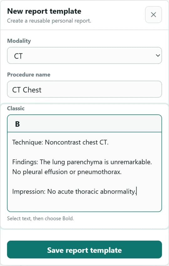 RadPhrases personal report template editor with modality, procedure name, rich report text, and save controls