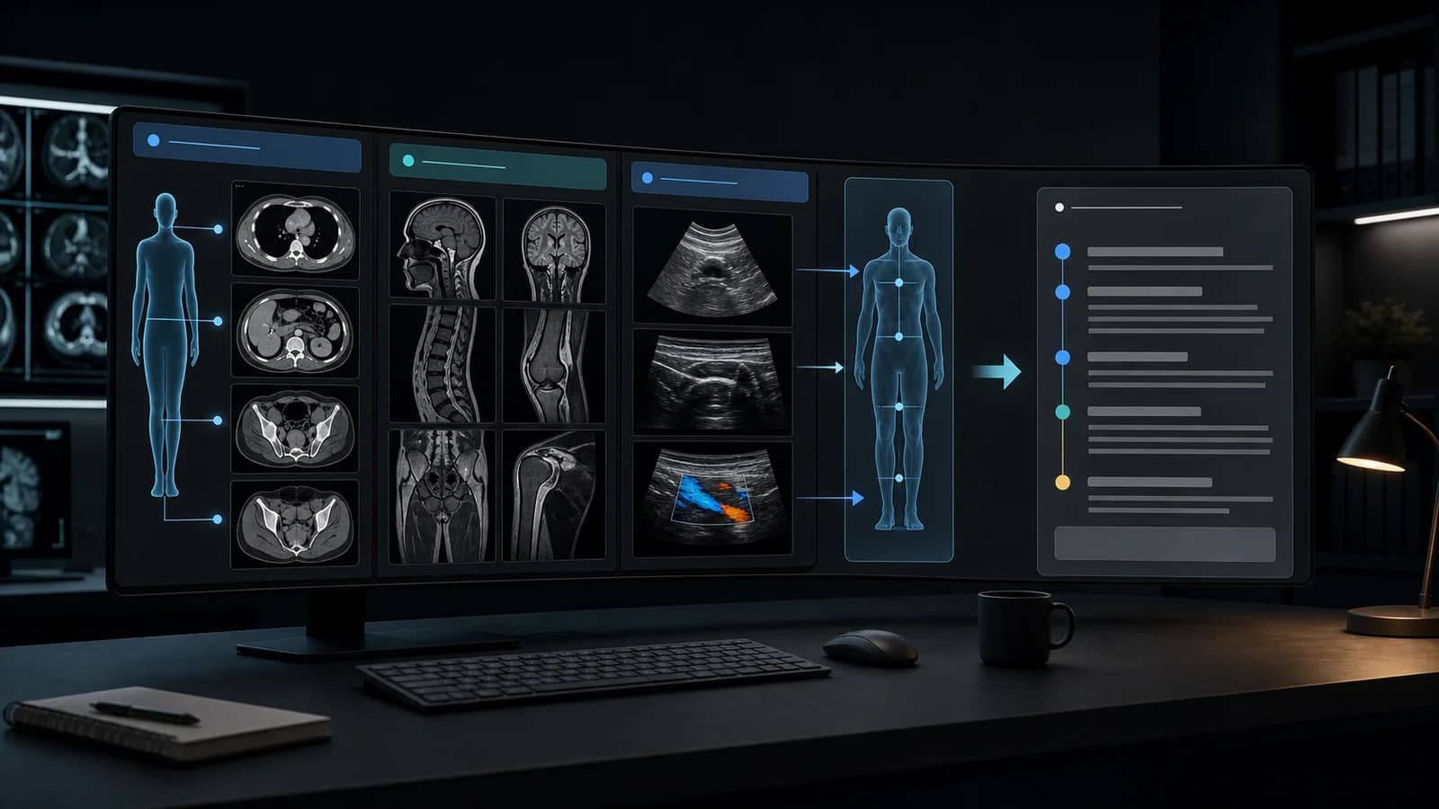 Radiology workstation showing images from several modalities moving through a systematic review sequence into a report
