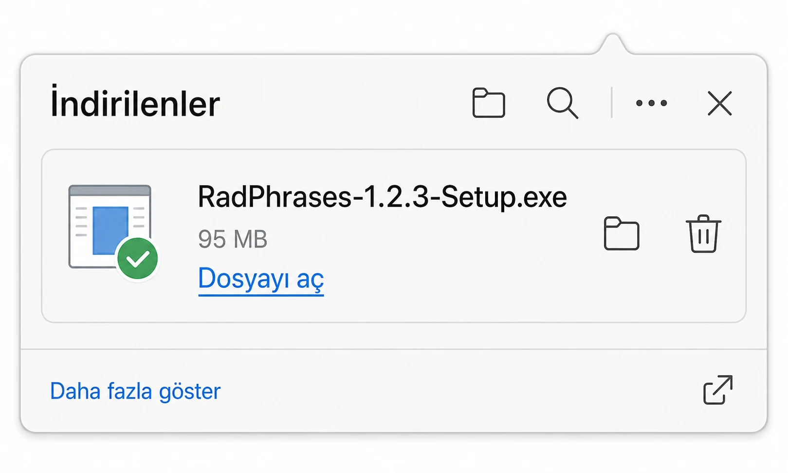 Tarayıcı indirmeleri panelinde açılmaya hazır RadPhrases-1.2.3-Setup.exe dosyası.