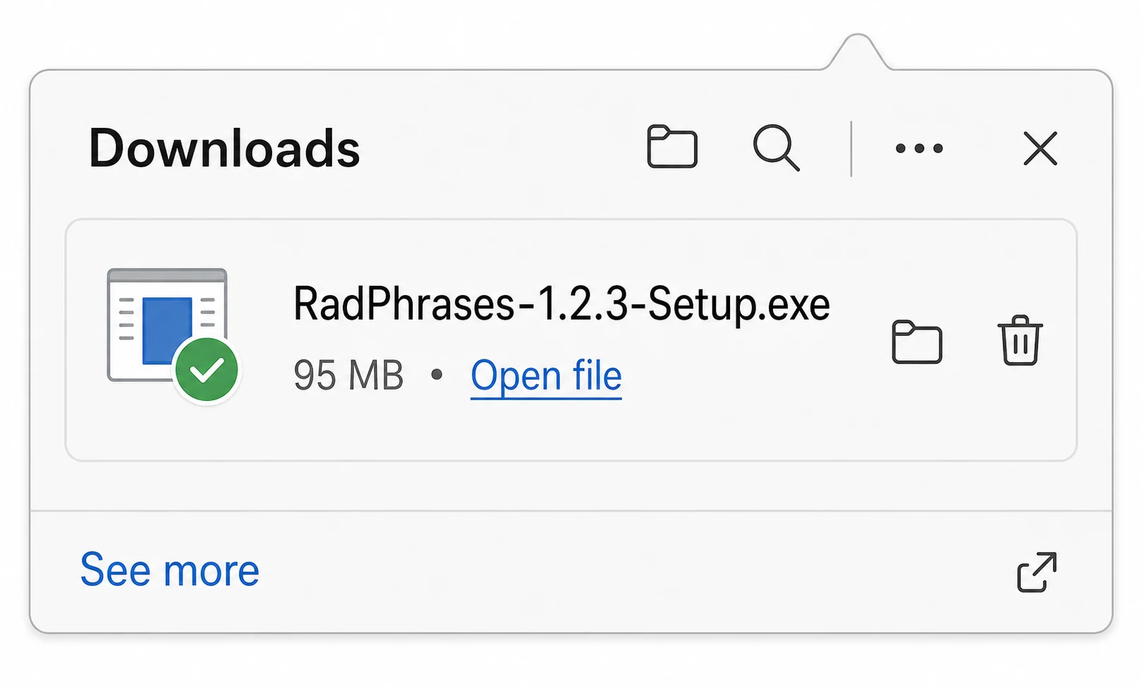 Browser downloads panel showing RadPhrases-1.2.3-Setup.exe ready to open.