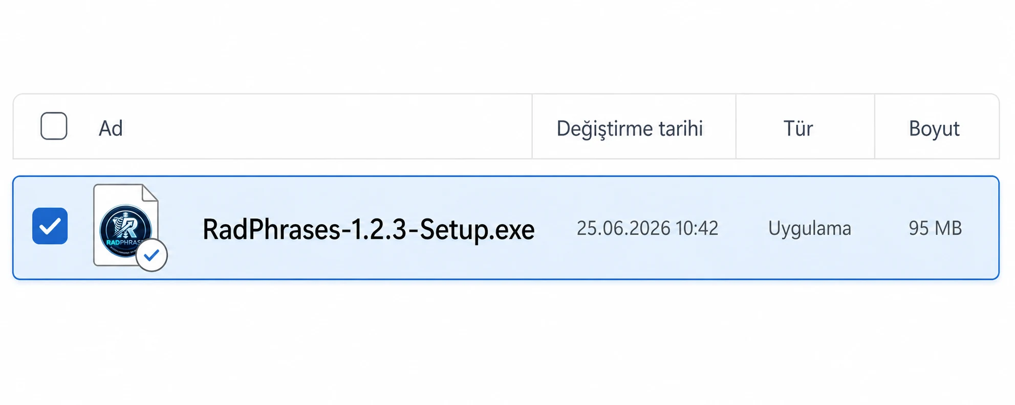 İndirilenler klasöründe seçili RadPhrases-1.2.3-Setup.exe dosyası ve 95 MB uygulama boyutu.
