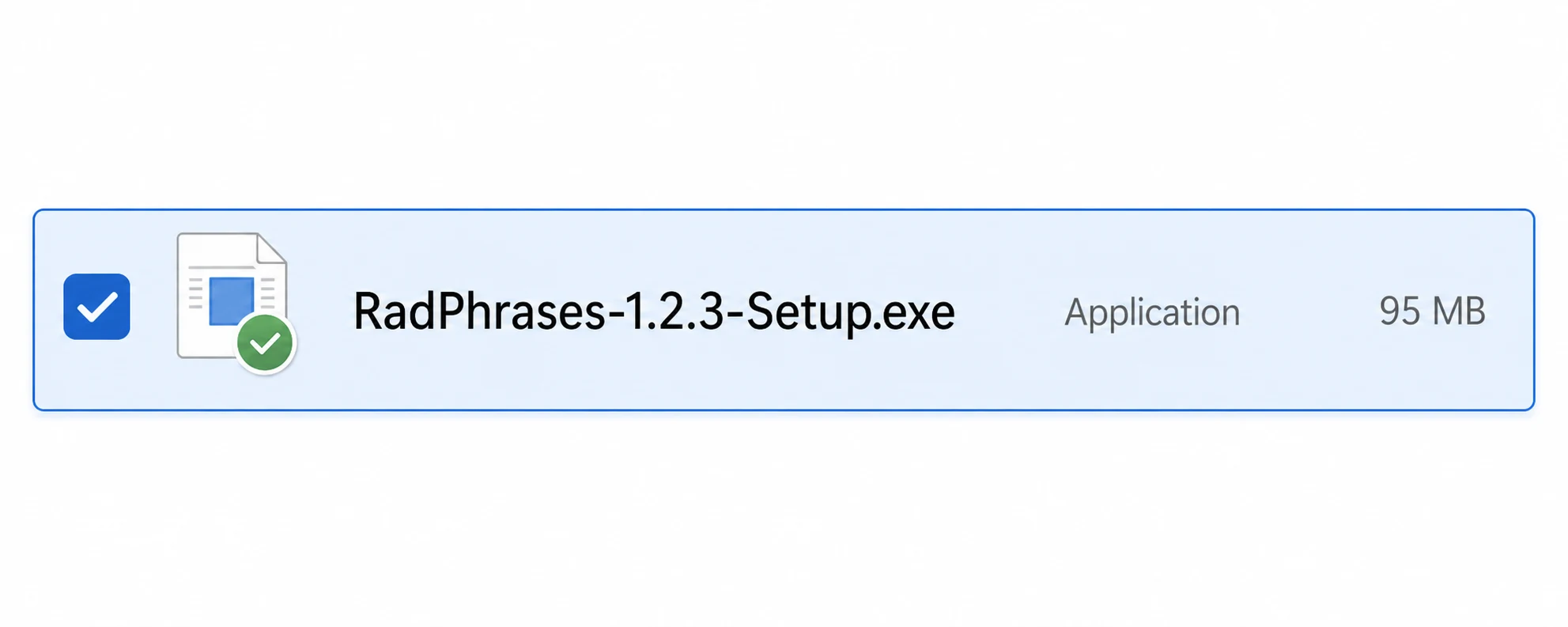 Downloads folder with RadPhrases-1.2.3-Setup.exe selected and shown as a 95 MB application.