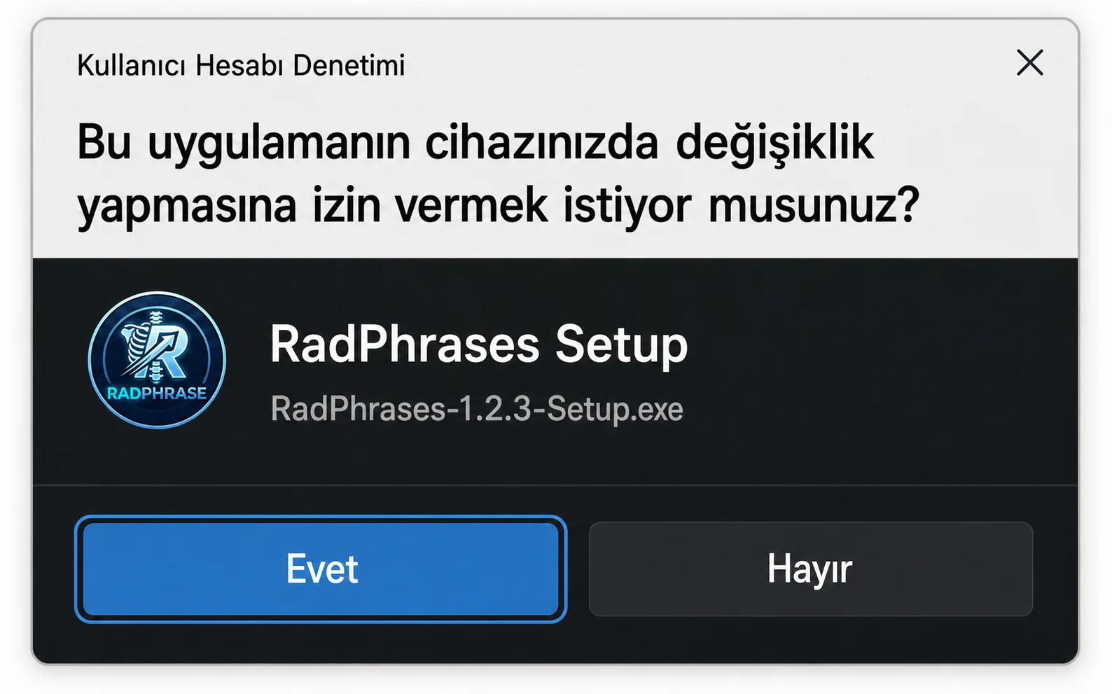 Evet düğmesi vurgulanmış RadPhrases Setup için bilgisayar izin uyarısı.