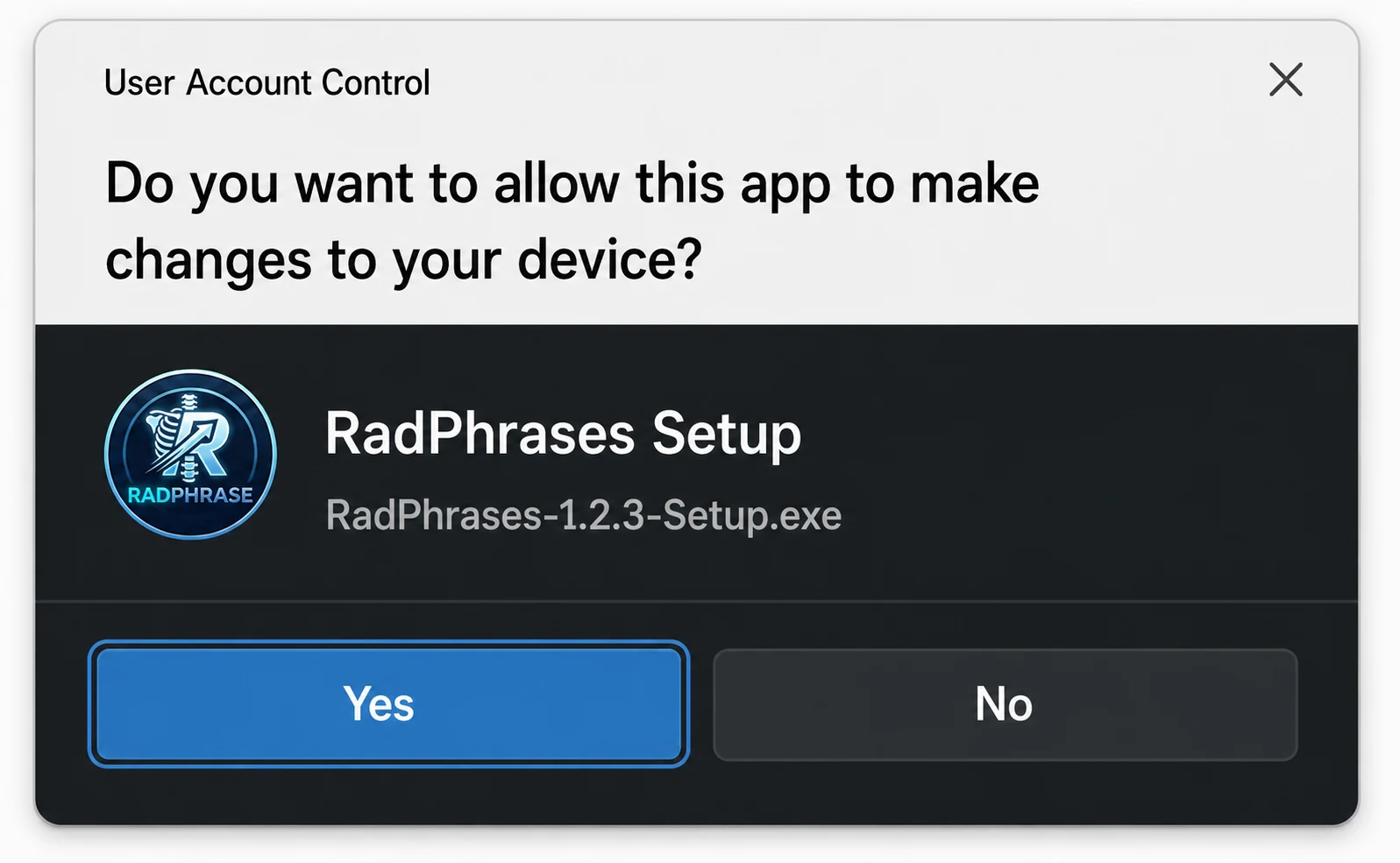 Computer permission prompt for RadPhrases Setup with the Yes button highlighted.
