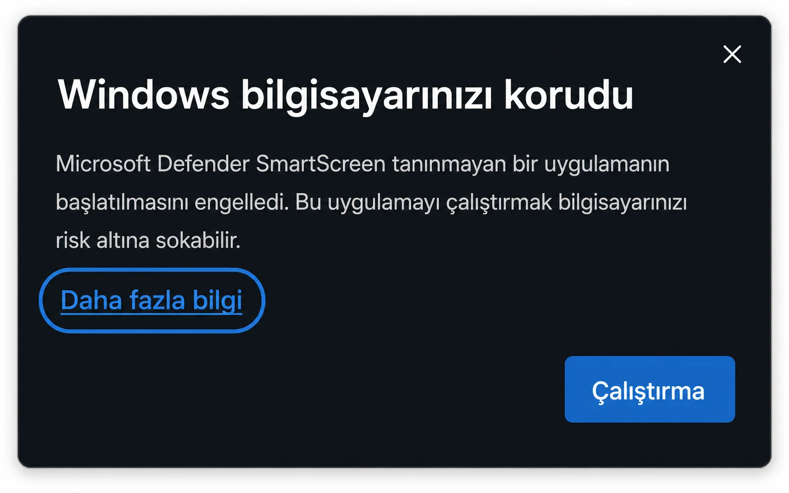 Daha fazla bilgi bağlantısı vurgulanmış SmartScreen uyarısı.