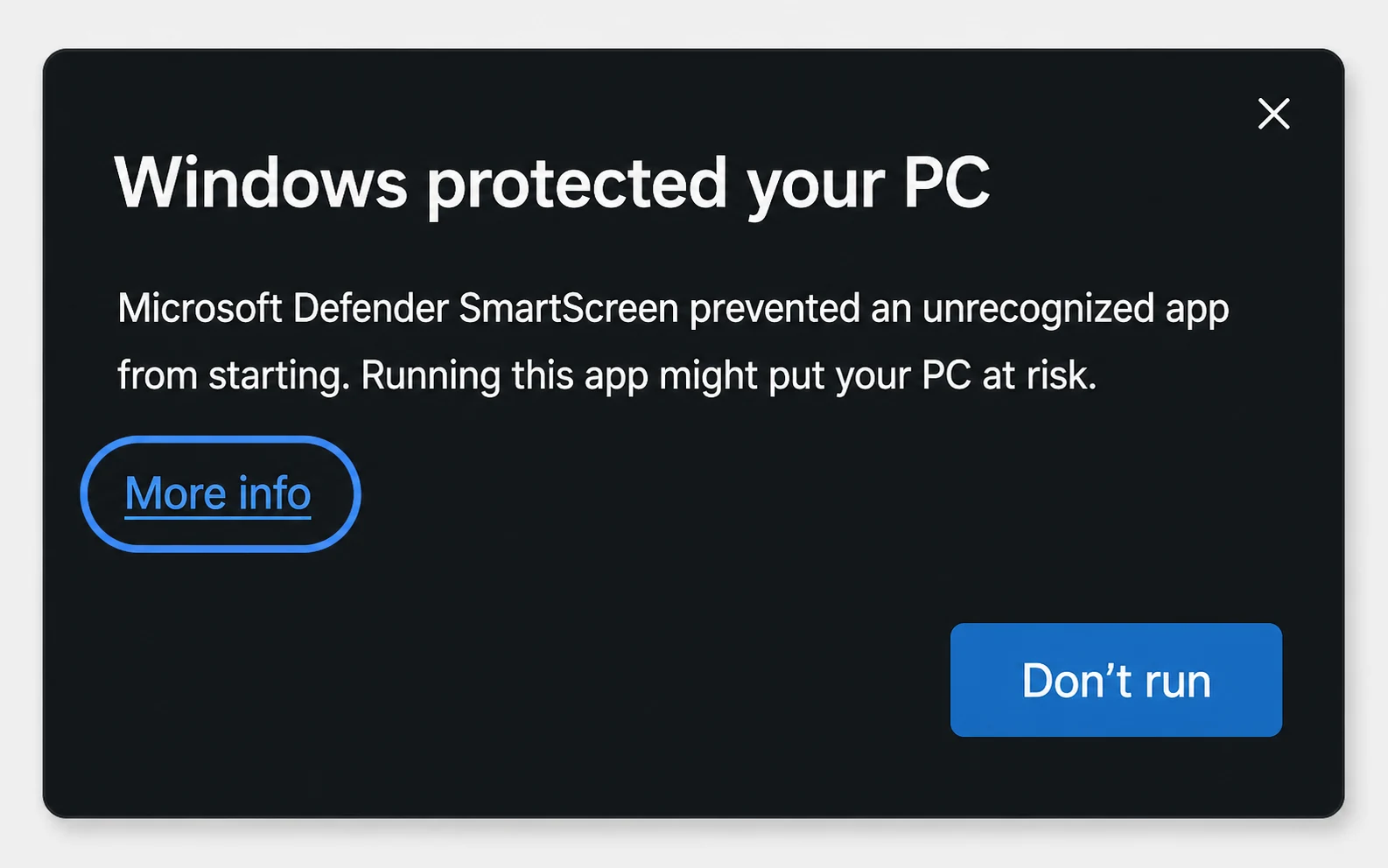 SmartScreen dialog with the More info link highlighted.