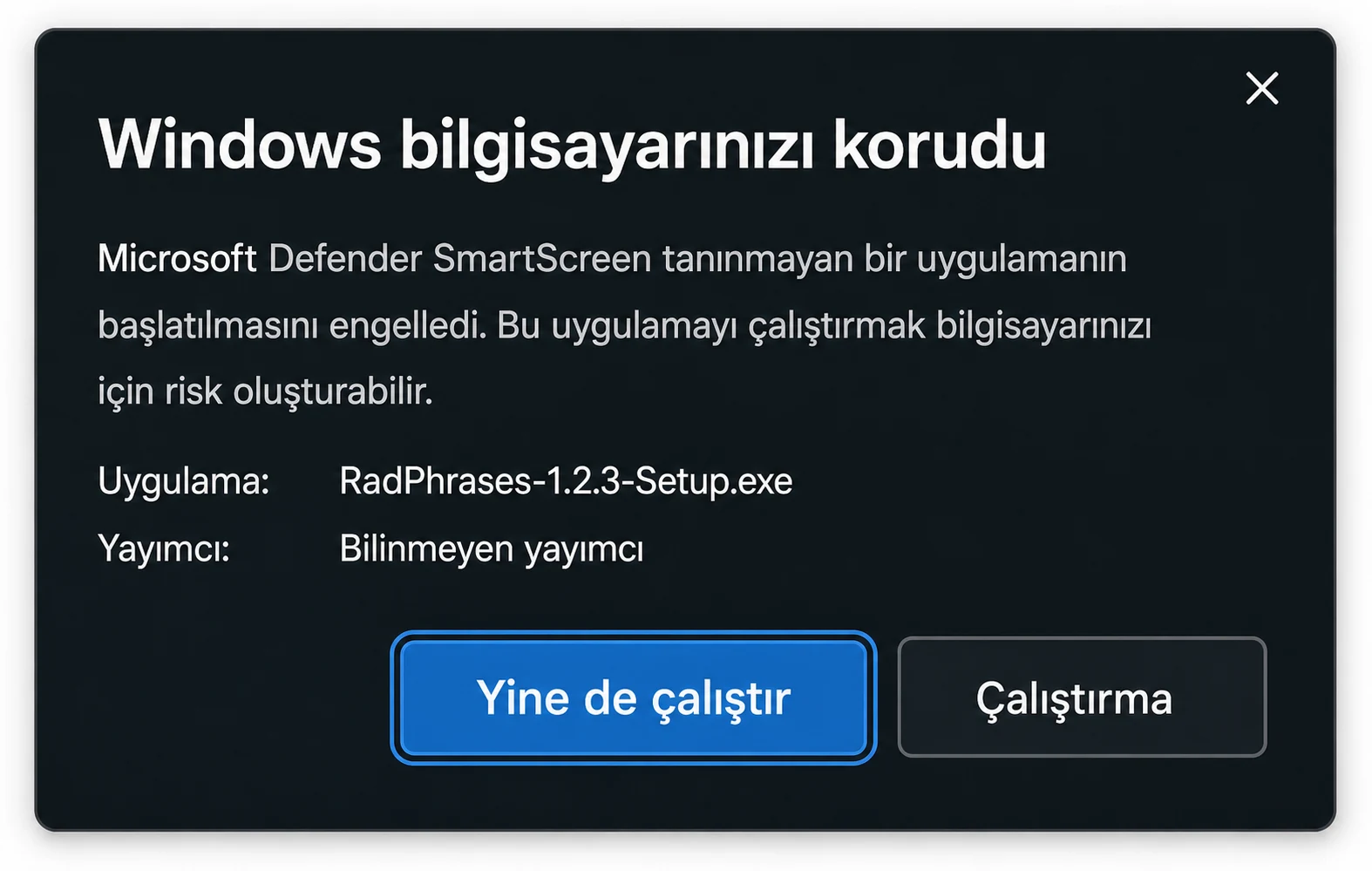 RadPhrases-1.2.3-Setup.exe dosyasını ve Yine de çalıştır düğmesini gösteren genişletilmiş SmartScreen uyarısı.