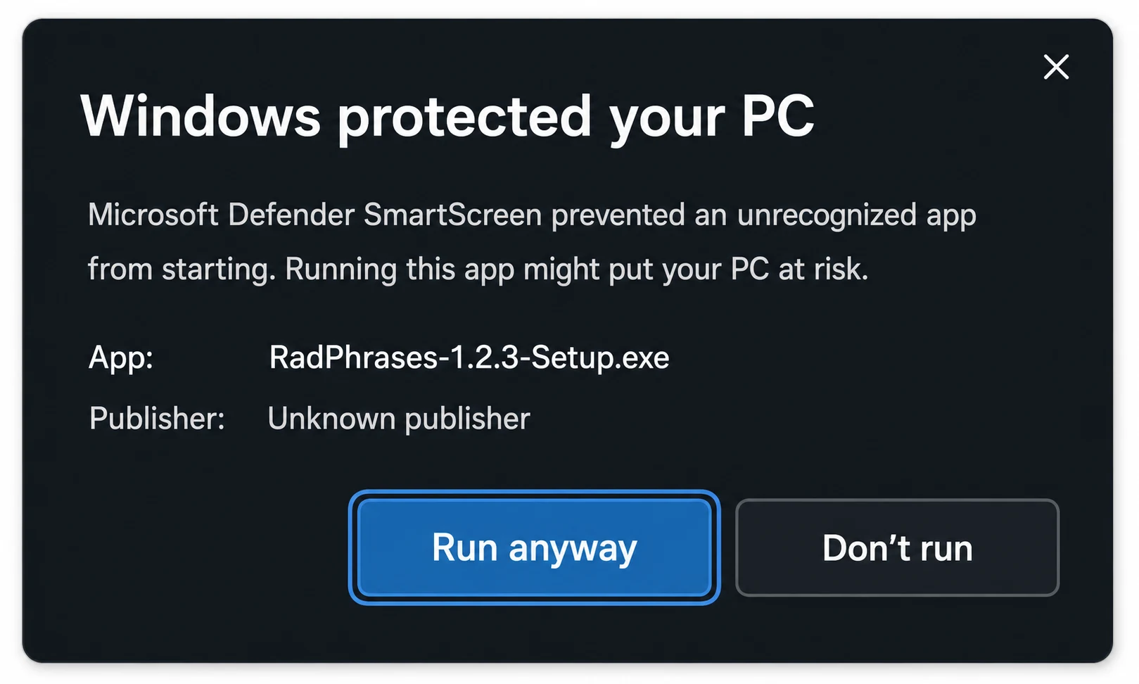 Expanded SmartScreen dialog showing RadPhrases-1.2.3-Setup.exe and the Run anyway button.