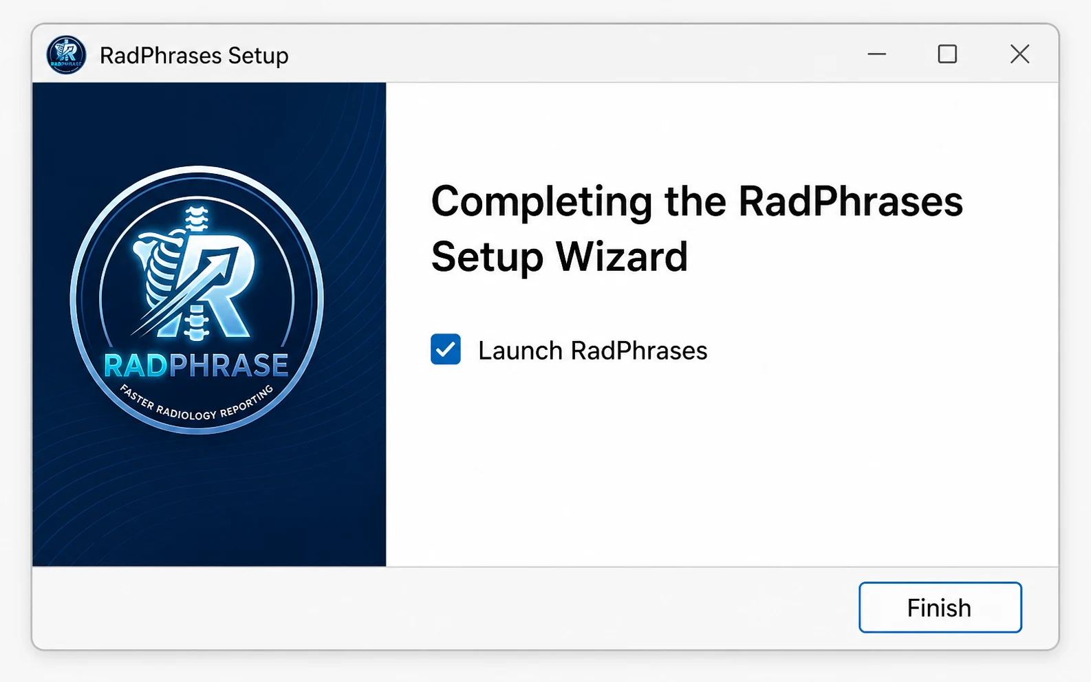 RadPhrases Setup wizard final screen with Launch RadPhrases checked and Finish visible.